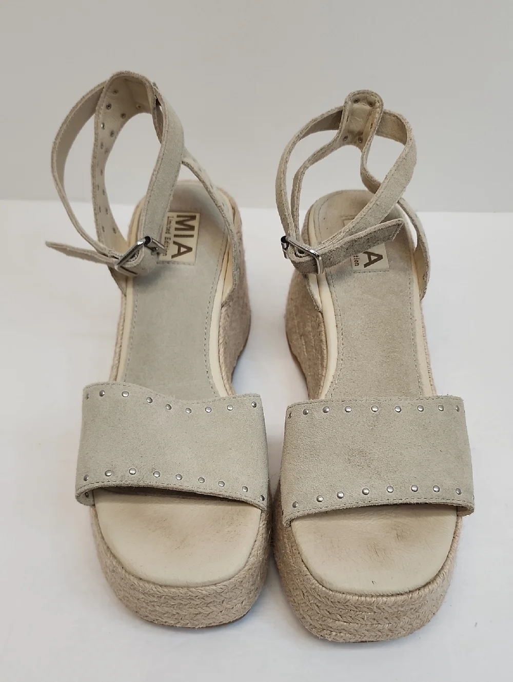 MIA Beige Suede Studded Espadrille Wedge Sandals Size 7.5